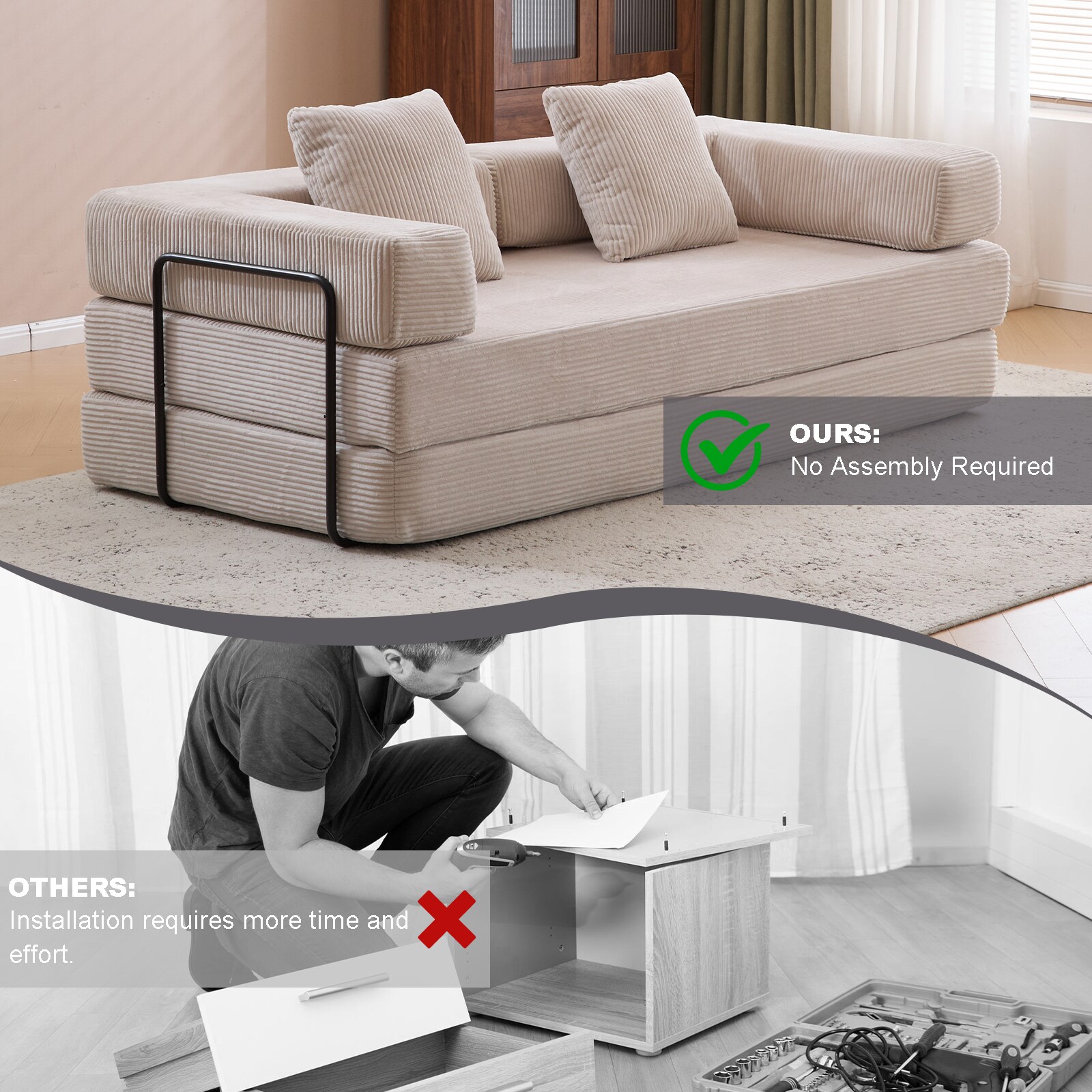 Convertible Floor Sofa Bed With Pillow And Backrest Light Grey_voghion.com